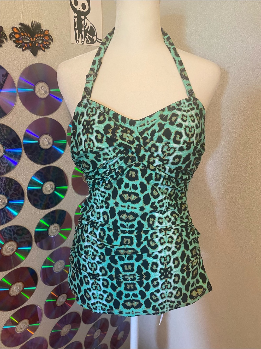 VENUS Turquoise and Black Leopard Halter One-Piece